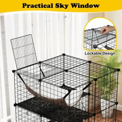 Klietka pre mačky 3-poschodový veľký výbeh pre mačky s hojdacou sieťou 2 rebríky 3 dvere a strešné okno 74 x 74 x 107 cm