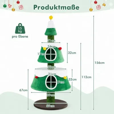 Škrabadlo na vianočný stromček pre mačky 156 cm s mačacou jaskyňou, jutovými škrabadlami a prateľnými vankúšmi