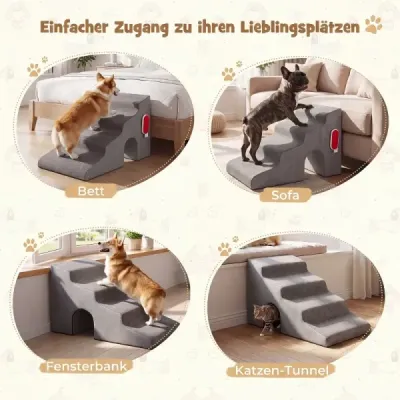 Schody pre psov, 4 stupne, schody pre domáce zvieratá, výška 43 cm, s otvorom a umývateľným poťahom, šedé