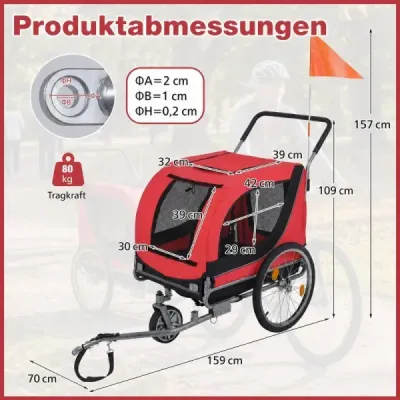 2 v 1 príves za bicykel pre psov s otvárateľnou strechou, kočík pre psov do 80 kg, univerzálny záves na bicykel, červený