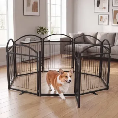 Samostatne stojaca bránka pre psa s dvierkami a pántami otočnými o 360°, 8 panelov, 480 x 81 cm, čierna