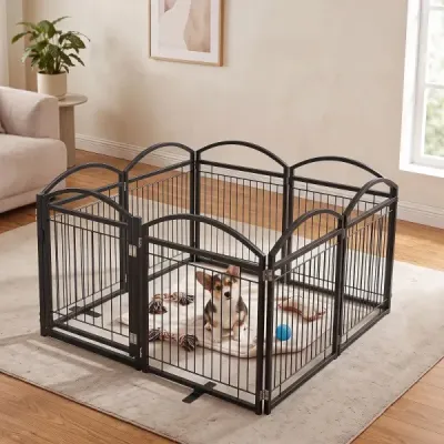 Samostatne stojaca bránka pre psa s dvierkami a pántami otočnými o 360°, 8 panelov, 480 x 81 cm, čierna