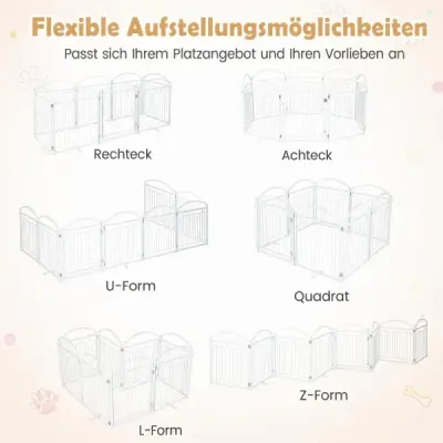 Samostatne stojaca bránka pre psa s dvierkami a pántami otočnými o 360°, 8 panelov, 480 x 81 cm, biela