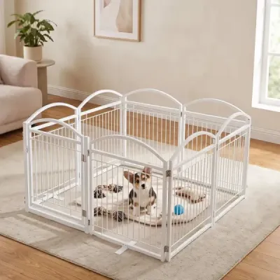 Samostatne stojaca bránka pre psa s dvierkami a pántami otočnými o 360°, 8 panelov, 480 x 81 cm, biela