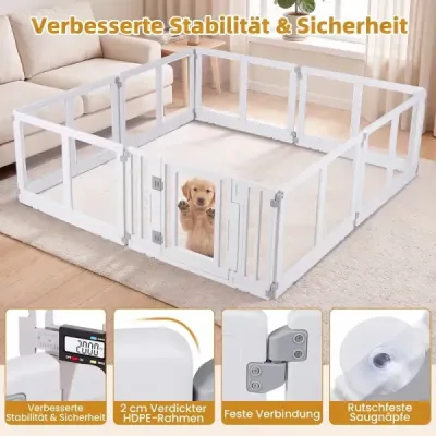 Ohrádka pre psa s bezpečne uzamykateľnými dvierkami, 8 panelov, priehľadná ohrádka pre šteniatka, biela