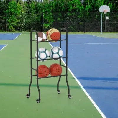 3-úrovňový stojan na lopty s kolieskami a kovovým rámom, organizér na lopty, polica na basketbalový vozík s loptami