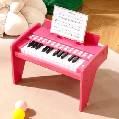 25-klávesová detská mini digitálna piano drevená hračka s nastaviteľnou rýchlosťou ružová