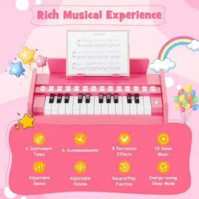 25-klávesová detská mini digitálna piano drevená hračka s nastaviteľnou rýchlosťou ružová