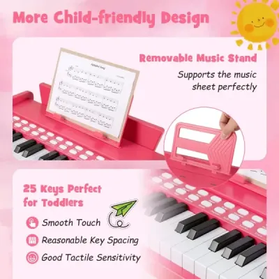 25-klávesová detská mini digitálna piano drevená hračka s nastaviteľnou rýchlosťou ružová