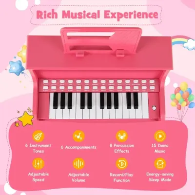 25-klávesové mini digitálne piano so stoličkou, detské piano s nastaviteľnou rýchlosťou, ružové