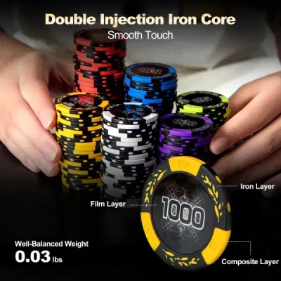 Pokerová súprava s 500 laserovými žetónmi & 2 hracími kartami & 5 hracími kockami & 3 žetónmi dealera & 2 kľúčmi