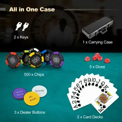 Pokerová súprava s 500 laserovými žetónmi & 2 hracími kartami & 5 hracími kockami & 3 žetónmi dealera & 2 kľúčmi