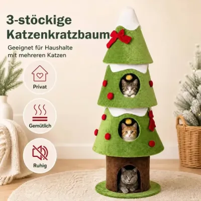 4-úrovňový vianočný stromček s výškou 158 cm - dizajnový stromček pre mačky s 3 bytmi a odnímateľným plyšovým krytom - zelený