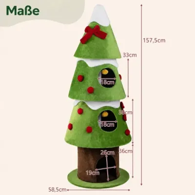 4-úrovňový vianočný stromček s výškou 158 cm - dizajnový stromček pre mačky s 3 bytmi a odnímateľným plyšovým krytom - zelený