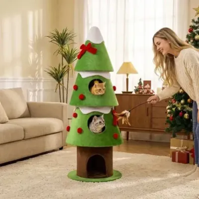 4-úrovňový vianočný stromček s výškou 158 cm - dizajnový stromček pre mačky s 3 bytmi a odnímateľným plyšovým krytom - zelený
