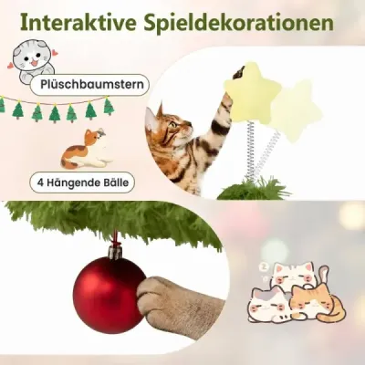 Vianočný mačací strom so škrabadlom a visiacimi loptičkami pre mačky v interiéri – zelený