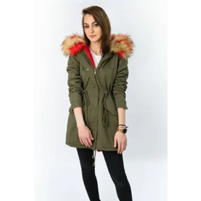 Dámska zimná bunda parka MODA619X khaki-červená