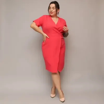 Dámske keprové šaty po kolena PLUS SIZE MODA743 korálové