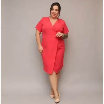 Dámske keprové šaty po kolena PLUS SIZE MODA743 korálové