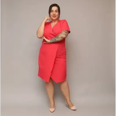 Dámske keprové šaty po kolena PLUS SIZE MODA743 korálové