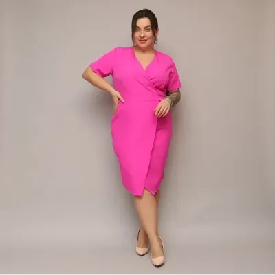 Dámske keprové šaty po kolena PLUS SIZE MODA743 fuksia