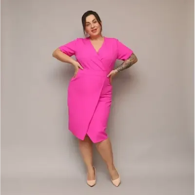 Dámske keprové šaty po kolena PLUS SIZE MODA743 fuksia