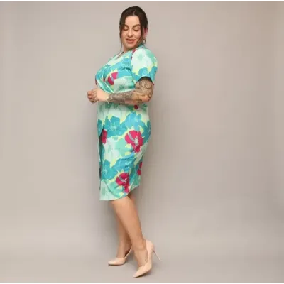 Dámske šaty po kolená PLUS SIZE MODA742 zeleno-fuksiové