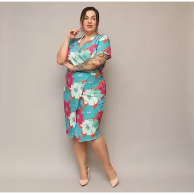 Dámske šaty po kolená PLUS SIZE MODA742 zeleno-pomarančové