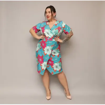 Dámske šaty po kolená PLUS SIZE MODA742 zeleno-pomarančové