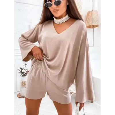 Dámska lanová súprava oversize  MODA752 cappuccino