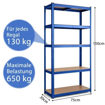 Úložný regál 5 úrovní s kovovým rámom, kovový regál, nosnosť do 650 kg, 75 x 30 x 150 cm, modrá