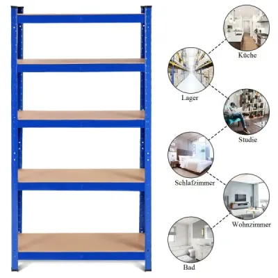 Úložný regál 5 úrovní s kovovým rámom, kovový regál, nosnosť do 650 kg, 75 x 30 x 150 cm, modrá