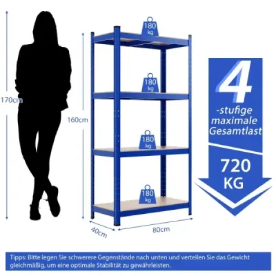 Costway 4 Ebenen Lagerregal mit Metallrahmen Schwerlastregal bis 720kg belastbar Metallregal Blau