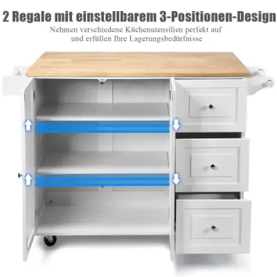 Costway Rollbarer Küchenwagen mit Klappbarer Arbeitsfläche Kücheninsel 136 x 76 x 91 cm Weiß