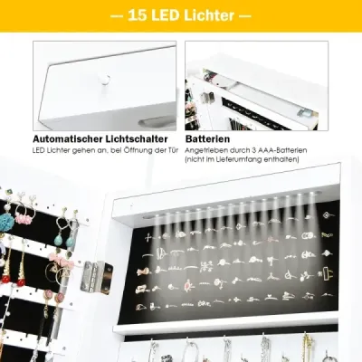 Skrinka na šperky s 15 LED stojanmi na šperky Organizér na šperky 37 x 8,5 x 120 cm biela