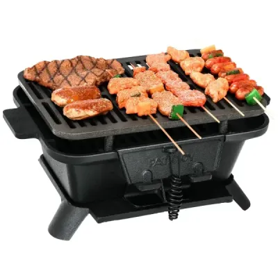 Gril na drevené uhlie prenosný liatinový gril BBQ mini gril stolný gril na piknik 40x27x18cm čierny