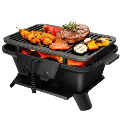 Gril na drevené uhlie prenosný liatinový gril BBQ mini gril stolný gril na piknik 40x27x18cm čierny