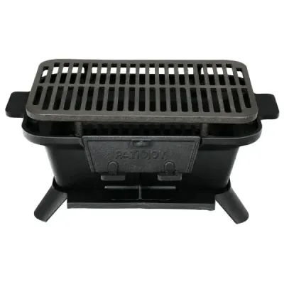 Gril na drevené uhlie prenosný liatinový gril BBQ mini gril stolný gril na piknik 40x27x18cm čierny