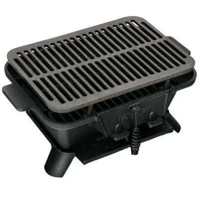 Gril na drevené uhlie prenosný liatinový gril BBQ mini gril stolný gril na piknik 40x27x18cm čierny