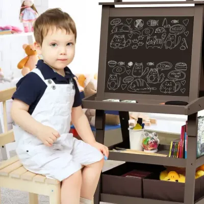 Costway 3 in 1 Kinder Staffelei Kindertafel doppelseitig Whiteboard Standtafel inkl. Magneten für Kleinkinder Kaffee