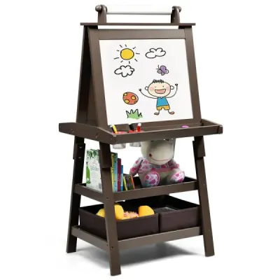 Costway 3 in 1 Kinder Staffelei Kindertafel doppelseitig Whiteboard Standtafel inkl. Magneten für Kleinkinder Kaffee