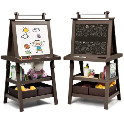 Costway 3 in 1 Kinder Staffelei Kindertafel doppelseitig Whiteboard Standtafel inkl. Magneten für Kleinkinder Kaffee