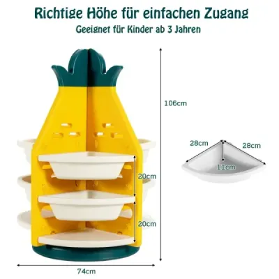 3-poschodový ananásový regál na hračky Rotačný úložný priestor na hračky 74 x 74 x 106 cm Žltá farba