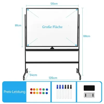 Mobilná magnetická veľká obojstranná tabuľa otočná o 360° 90 x 120 cm čierna + biela