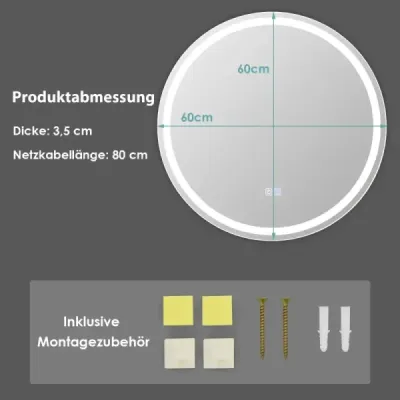 Okrúhle kúpeľňové zrkadlo LED na montáž na stenu 3000 K-6000 K ? 60 cm