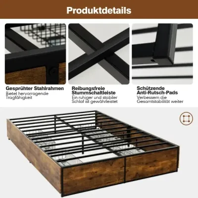 Drevená základňa rustikálnej hnedej farby Double Bed Frame Heavy Duty kovová posteľ so 4 zásuvkami