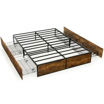 Drevená základňa rustikálnej hnedej farby Double Bed Frame Heavy Duty kovová posteľ so 4 zásuvkami