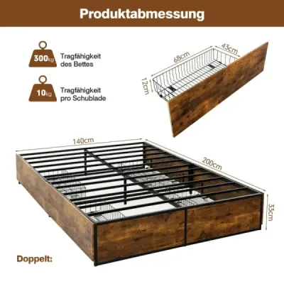 Drevená základňa rustikálnej hnedej farby Double Bed Frame Heavy Duty kovová posteľ so 4 zásuvkami