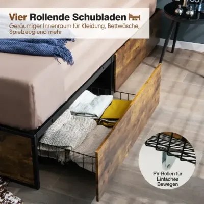 Drevená základňa rustikálnej hnedej farby Double Bed Frame Heavy Duty kovová posteľ so 4 zásuvkami