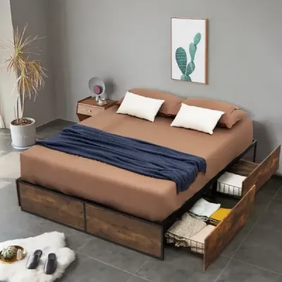 Drevená základňa rustikálnej hnedej farby Double Bed Frame Heavy Duty kovová posteľ so 4 zásuvkami